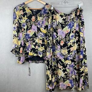Requirements Vintage 90s Grunge Floral Skirt Set Black Purple Rayon 2pc M Boho